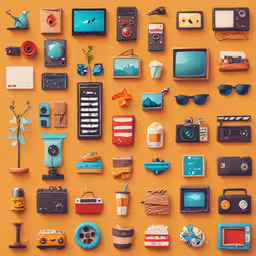 a large assortment of colorful pictures sitting on top of an orange surface,the wall has various objects displayed on it