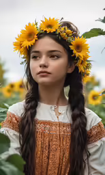 a girl with sunflowers in a field