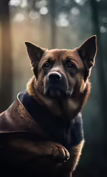 a german shepherd with a leather collar in the forest