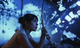 a woman is holding a bow with lights on the background
