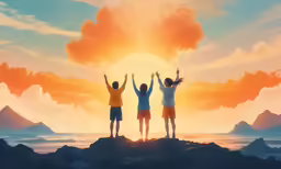two women with arms in the air standing on a rock
