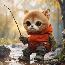 a close up of a small stuffed animal holding a stick