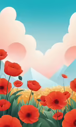a painting of red flowers against a sky with clouds