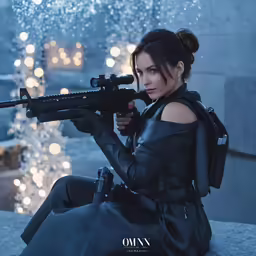 a woman in black dress sitting on the ground holding a rifle