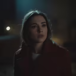 a close up of a woman in a red coat