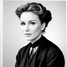 woman in a black shirt and tie posing for a portrait