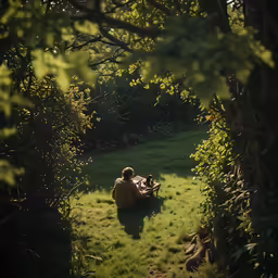 a person sitting on a lawn near a tree