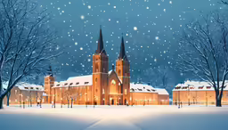 the light is shining in front of a cathedral at night