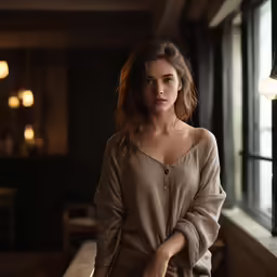 a woman standing by a window in a dark room