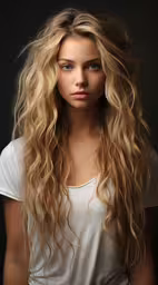 a woman with long blonde hair wearing a white top,a blonde woman with long hair