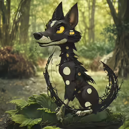 a furry, black and white dog sits on top of lush green plants