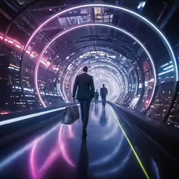 the man is walking through an area with a big tunnel