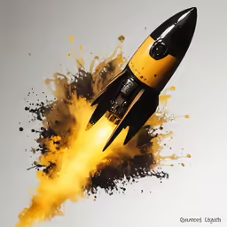 a yellow and black rocket launching with colorful powder coming out of it