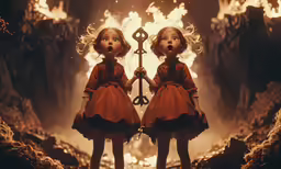 two cute little girls standing in front of fire