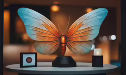 a butterfly sculpture sitting on top of a table next to a candle