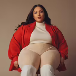 a woman in tight pants and a red jacket