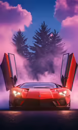 red sports car parked in front of trees on a purple day
