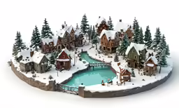 a model of an elaborate town with lake and snow covered buildings