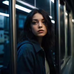 a young woman is looking into the mirror while riding on a subway