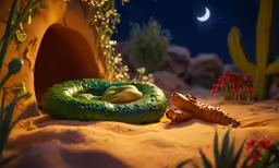 there are some plants, rocks, and a bed in the sand