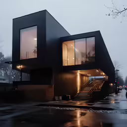 a black house on the corner of a street with its lights on