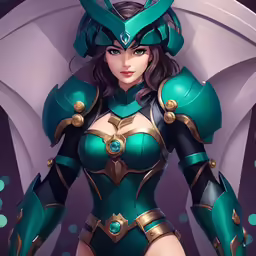 a female hero is dressed in green and gold