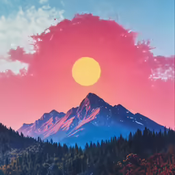 an art work shows the sky and trees and mountains against a pink sky