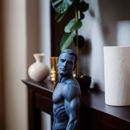 a blue man busturist sitting on a table