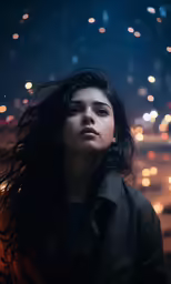 a woman with black hair and her eyes glowing