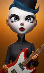 a skeleton girl with black hair is playing a guitar