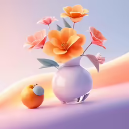 flowers are in a vase and an orange
