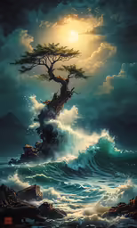a tree on an island surrounded by waves with a moon