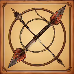 a drawing of two arrows and a bow in a circle,a painting on the wall that looks like a target with two arrows in it
