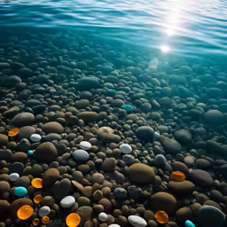 a rocky and clear river with the sun peeking through