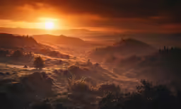 the sun is rising over a mountain in the countryside