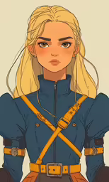 a drawing of a young woman dressed in blue and yellow