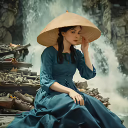 a woman in a blue dress and straw hat