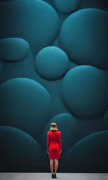 a woman in a red dress and black shoes looking at an abstract painting