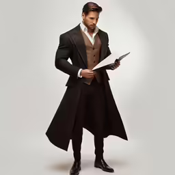 a man in an outfit is holding something and looking at the papers