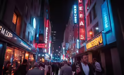 people are walking down a city street with lit buildings