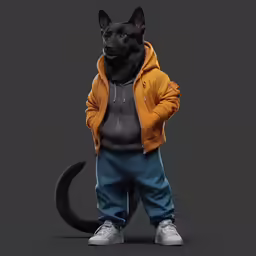the animated dog is dressed in a yellow hoodie