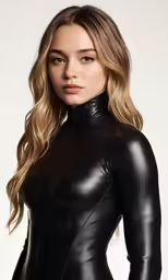 a woman in black leather is posing for the camera