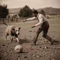a man playing with a dog on a rocky field