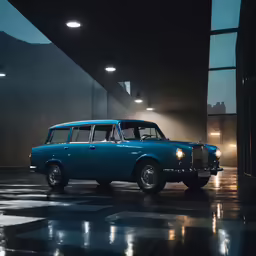 a blue station wagon on a parking lot at night