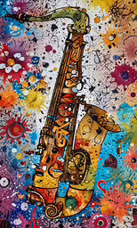colorful painting of a saxophone on a colorful background