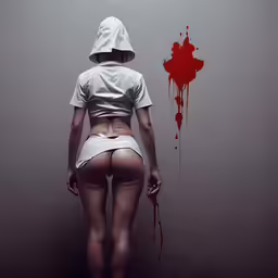 a woman in stockings and a hoodie on standing with a bloody wall behind her