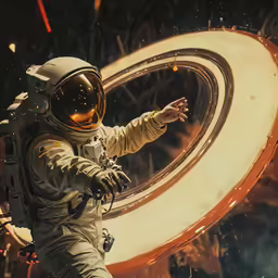 an astronaut in space waving at someone out front