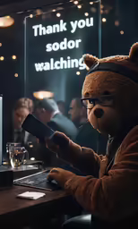 a brown teddy bear holding onto a black device