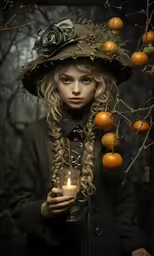 a woman with long blonde hair wearing a hat and holding a lit candle