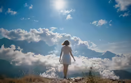 a woman standing on top of a lush green field under a blue sky